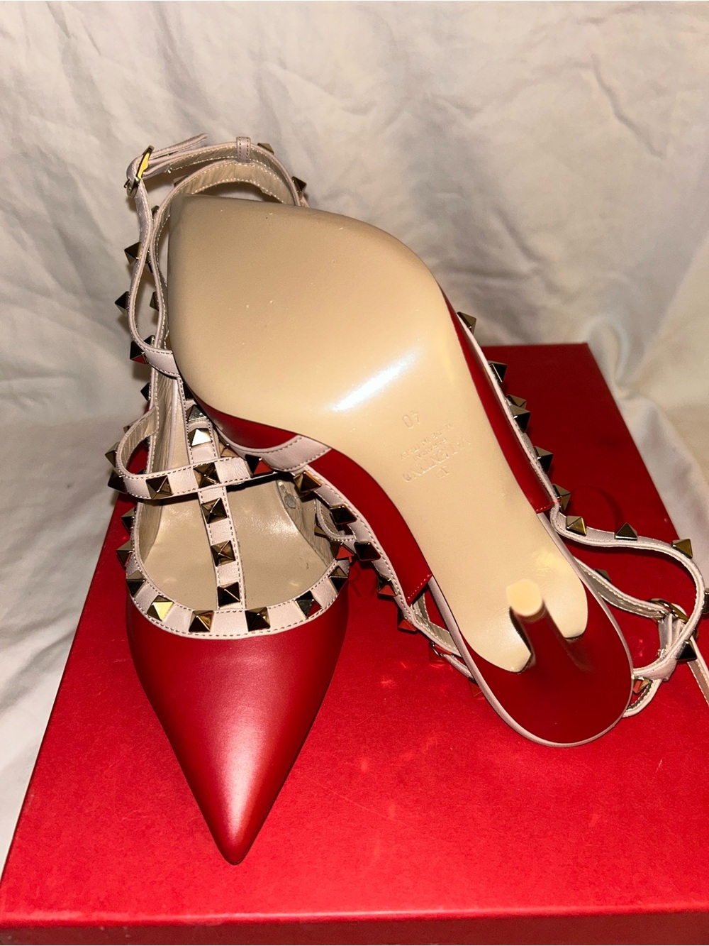 Valentino Red Patent Leather Rockstud T-Strap Pump with Nude Straps - Picture 5 of 7